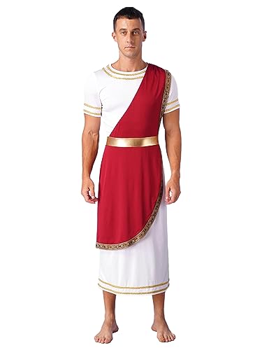 YOOJIA Herren Griechischer Gott Kostüm Kurzarm Retro Römische Toga Erwachsene Toga Kostüm Tunika mit Rand Burgundy XL von YOOJIA