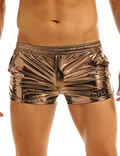 YOOJIA Herren Metallic Shorts Shiny Badehose Kurze Hose Sport Gym Boxershorts Retroshorts Jungen Lockere Trunks Kaffee M von YOOJIA