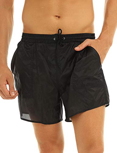 YOOJIA Herren Shorts Transparent Kurz Badehose Schwimmhose Bikinihose mit Netz Slips Sommer Strand Badeshorts Casual Shorts Bademode Schwarz XL von YOOJIA