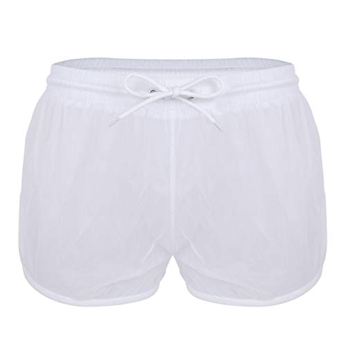YOOJIA Herren Shorts Transparent Kurz Badehose Schwimmhose Bikinihose mit Netz Slips Sommer Strand Badeshorts Casual Shorts Bademode Weiss Kurz S von YOOJIA