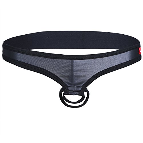 YOOJIA Herren Wetlook Strings mit Penisring Ouvert Slips Unterhose Lackleder C-String Männer Bikinislip Erotik Unterwäsche Reizwäsche Schwarz M von YOOJIA