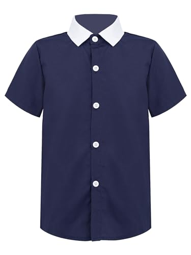 YOOJIA Jungen Kurzarmhemd Sommer Hemd Kinder Kurzarmshirt Klassisch Freizeithemd Trachtenhemd Kurzarm Blusen Tops Sommer Outfit Freizeit A Navy Blau 110-116 von YOOJIA