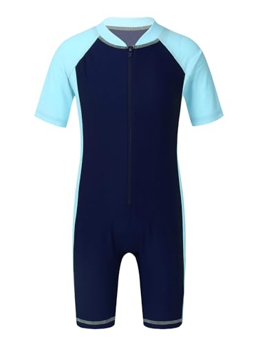 YOOJIA Kinder Jungen Mädchen Athletic Badeanzug Kurzarm Schwimmanzug Bademode Neoprenanzug Badebekleidung mit Badekappe Navyblau&Himmelblau 140-152 von YOOJIA