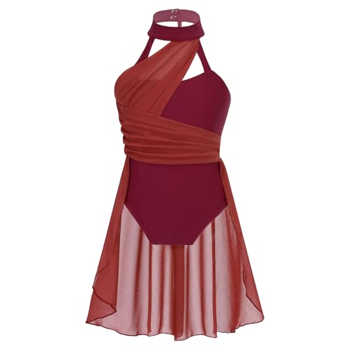 YOOJIA Kinder Mädchen Ballettkleid Ärmellos Chiffon Ballettrock Ballett Body Trikot Gymnastikanzug Lyrical Modern Dancewear Tanzkostüm A Burgundy 122-128 von YOOJIA