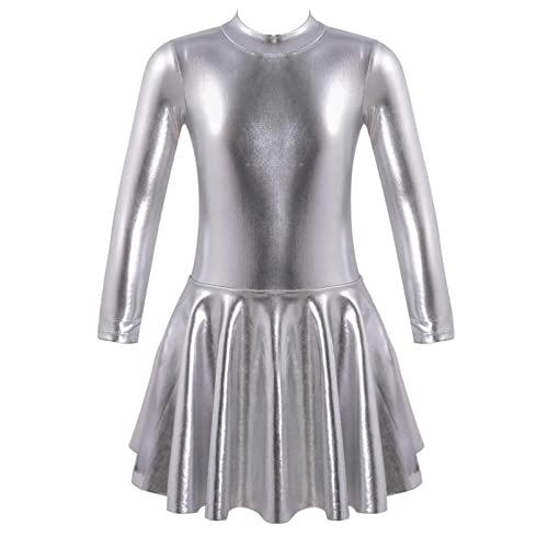 YOOJIA Kinder Mädchen Ballettkleid Langarm Tanzkleid mit Strass Metallic Schneeflocke Dancewear Kleinkind Ballettbody Gymnastik Trikot Kleid Turnanzug A Silber 116 von YOOJIA