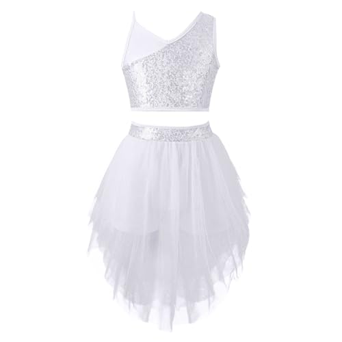 YOOJIA Kinder Mädchen Ballettkleidung Zweiteiler Tanzkeid Ballettkleid Pailletten Balletttrikot Lyrisch Tanz Outfit Latein Rumba Kleid Tanzkleidung B Weiss 140 von YOOJIA