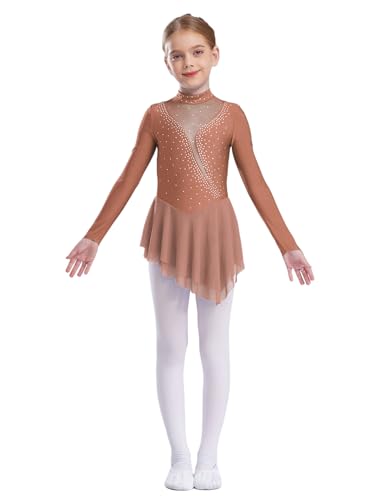 YOOJIA Kinder Mädchen Eiskunstlauf Kleider Langarm Ballettkleid Mesh Patchwork Swing Kleid Balletttrikot Unregelmäßiger Saum Kleid Ballettkleidung Altrosa 158-164 von YOOJIA