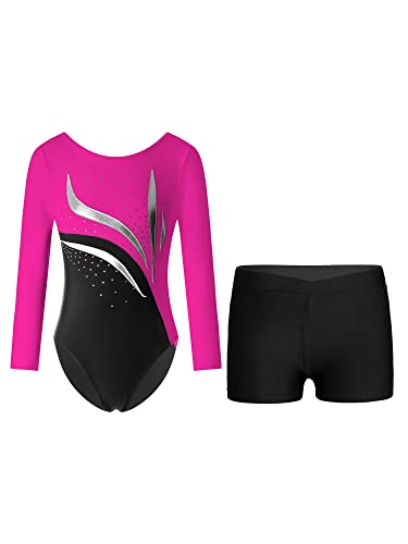 YOOJIA Kinder Mädchen Glitzer Turnanzug Langarm Trikot Leotard Gymnastikbody Tanz Body mit Shorts Kurze Hose Set Wettbewerb Tanzkostüm Hot Pink & Schwarz 110-116 von YOOJIA