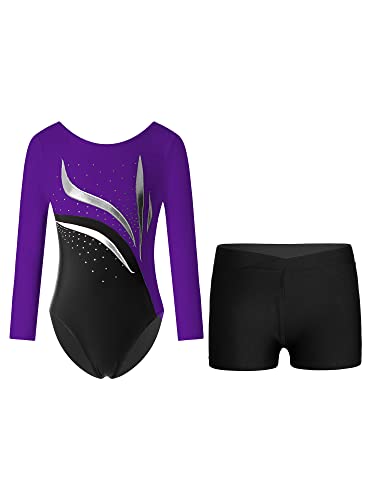 YOOJIA Kinder Mädchen Glitzer Turnanzug Langarm Trikot Leotard Gymnastikbody Tanz Body mit Shorts Kurze Hose Set Wettbewerb Tanzkostüm Lila & Schwarz 146-152 von YOOJIA