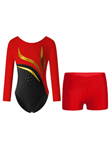 YOOJIA Kinder Mädchen Glitzer Turnanzug Langarm Trikot Leotard Gymnastikbody Tanz Body mit Shorts Kurze Hose Set Wettbewerb Tanzkostüm Rot 158-164 von YOOJIA