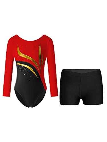 YOOJIA Kinder Mädchen Glitzer Turnanzug Langarm Trikot Leotard Gymnastikbody Tanz Body mit Shorts Kurze Hose Set Wettbewerb Tanzkostüm Rot schwarz 134-140 von YOOJIA