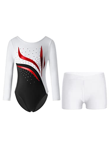 YOOJIA Kinder Mädchen Glitzer Turnanzug Langarm Trikot Leotard Gymnastikbody Tanz Body mit Shorts Kurze Hose Set Wettbewerb Tanzkostüm Weiß 158-164 von YOOJIA