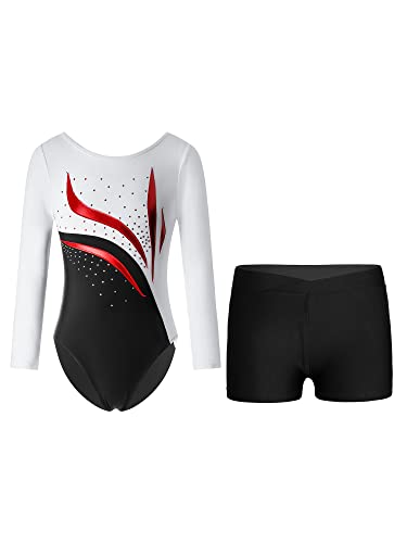 YOOJIA Kinder Mädchen Glitzer Turnanzug Langarm Trikot Leotard Gymnastikbody Tanz Body mit Shorts Kurze Hose Set Wettbewerb Tanzkostüm Weiß schwarz 134-140 von YOOJIA