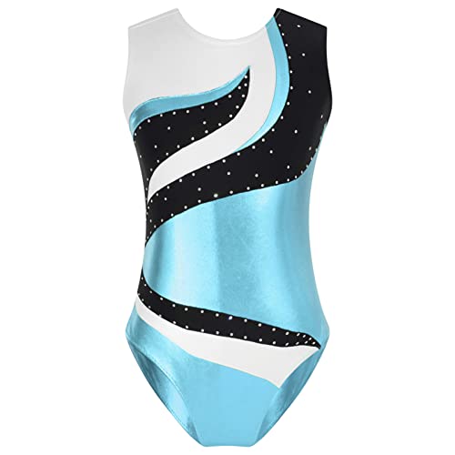 YOOJIA Kinder Mädchen Gymnastikanzug Metallic Turnanzug Ärmellos Ballettanzug Ballett Body Trikot Tanz Leotard Akrobatik Sportbody in Gr.110-164 Blau H 158-164 von YOOJIA