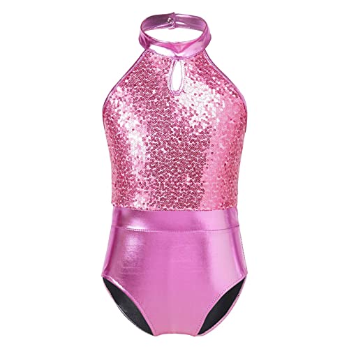 YOOJIA Kinder Mädchen Gymnastikanzug Metallic Turnanzug Ärmellos Ballettanzug Ballett Body Trikot Tanz Leotard Akrobatik Sportbody in Gr.110-164 Hell Pink C 110-116 von YOOJIA