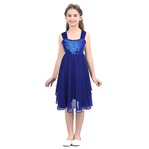 YOOJIA Kinder Mädchen Pailletten Ballettkleid Spaghetti-Träger Tanzkleid asymmetrisch Kleid Tanzkleidung Ballett Trikot Tanz Kostüm D Blau 122-128 von YOOJIA