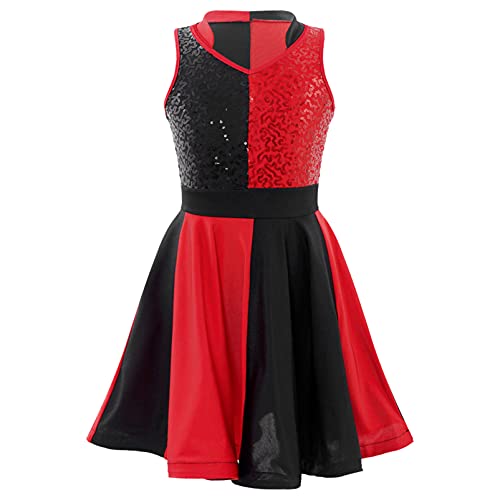 YOOJIA Kinder Mädchen Pailletten Ballettkleid Spaghetti-Träger Tanzkleid asymmetrisch Kleid Tanzkleidung Ballett Trikot Tanz Kostüm C Schwarz&Rot 134-140 von YOOJIA