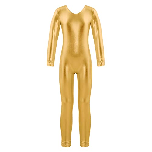 YOOJIA Kinder Mädchen Sportbody Metallic Langarm Gymnastikanzug Glanz Ballett Body Overall Ganzanzug Tanz Unitard mit Reißverschluss Gelb A 110-116 von YOOJIA