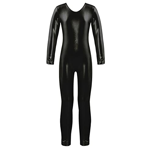 YOOJIA Kinder Mädchen Sportbody Metallic Langarm Gymnastikanzug Glanz Ballett Body Overall Ganzanzug Tanz Unitard mit Reißverschluss Schwarz A 98-104 von YOOJIA