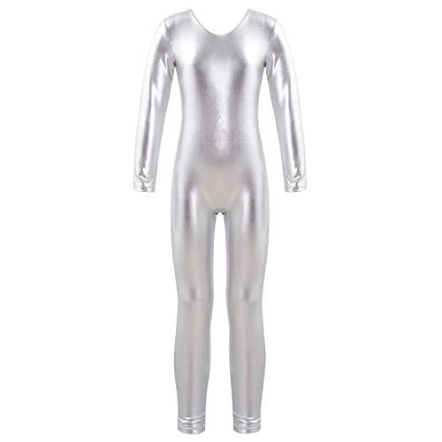 YOOJIA Kinder Mädchen Sportbody Metallic Langarm Gymnastikanzug Glanz Ballett Body Overall Ganzanzug Tanz Unitard mit Reißverschluss Silber A 158-164 von YOOJIA