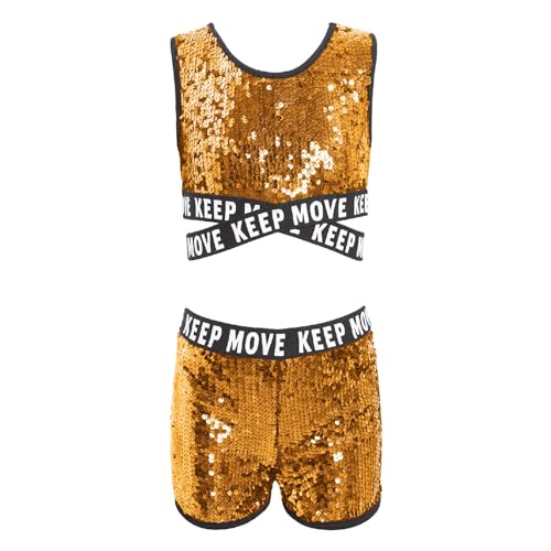 YOOJIA Kinder Mädchen Tanz Outfit Glitzer Pailletten Gymnastik Sport Kleidung Set Jazz Hip Hop Ärmellos Crop Top Metallic Shorts Trainingsanzug Gold A 158-164 von YOOJIA