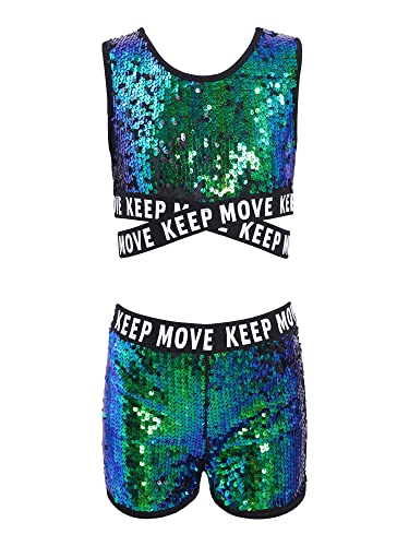 YOOJIA Kinder Mädchen Tanz Outfit Glitzer Pailletten Gymnastik Sport Kleidung Set Jazz Hip Hop Ärmellos Crop Top Metallic Shorts Trainingsanzug Grün A 146-152 von YOOJIA