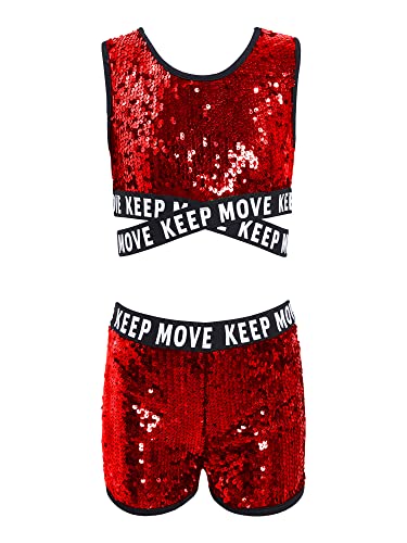 YOOJIA Kinder Mädchen Tanz Outfit Glitzer Pailletten Gymnastik Sport Kleidung Set Jazz Hip Hop Ärmellos Crop Top Metallic Shorts Trainingsanzug Rot A 110-116 von YOOJIA