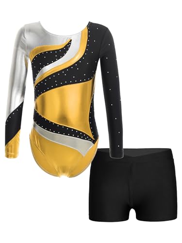 YOOJIA Kinder Mädchen Turnanzug Ballettanzug Gymnastikanzug Langarm Tanzbody Gymnastikbody Sporttrikot Mit Shorts Ballett Slip Turnen Training Sport A Gold 146-152 von YOOJIA