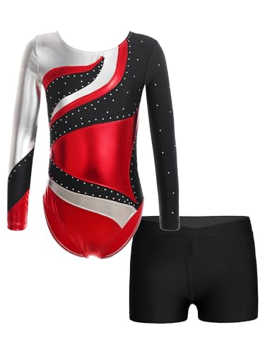 YOOJIA Kinder Mädchen Turnanzug Ballettanzug Gymnastikanzug Langarm Tanzbody Gymnastikbody Sporttrikot Mit Shorts Ballett Slip Turnen Training Sport A Rot 146-152 von YOOJIA
