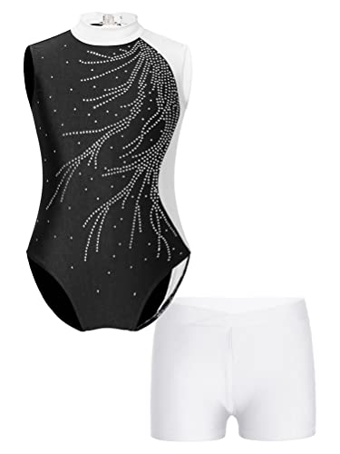 YOOJIA Kinder Mädchen Turnanzug Strass Leotard Ballett Trikot Ärmellos Tanzbody und Kurze Hose Ballettanzug Wettkampf Tanzkostüm D Weiss 134-140 von YOOJIA