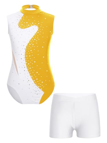 YOOJIA Kinder Mädchen Turnanzug Strass Leotard Ballett Trikot Ärmellos Tanzbody und Kurze Hose Ballettanzug Wettkampf Tanzkostüm P Gelb weiss 158-164 von YOOJIA