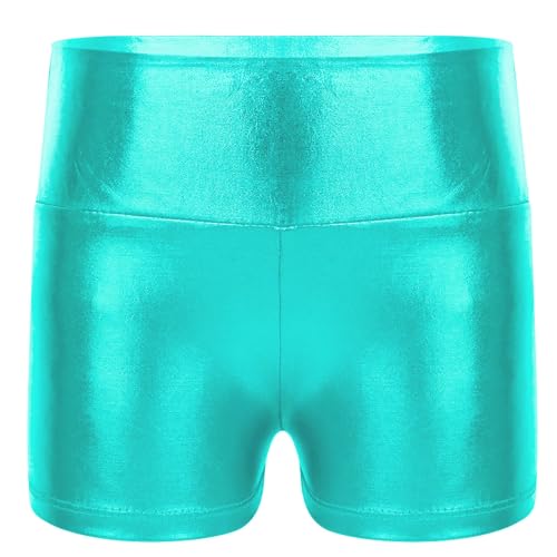 YOOJIA Kinder Shorts Metallic Glänzend Sportshorts Turnshorts Mädchen Hotpants Gymnastik Tanz Shorts Fitness Kurze Hose in Gr.116-164 Blau Grün 134-140 von YOOJIA