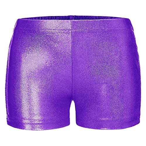 YOOJIA Kinder Shorts Metallic Glänzend Sportshorts Turnshorts Mädchen Hotpants Gymnastik Tanz Shorts Fitness Kurze Hose in Gr.116-164 Purple A 104 von YOOJIA