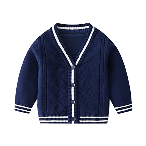 YOOJIA Kinder Strickjacke Jungen Pullover gestrickt V-Ausschnitt Sweatshirt Lange Ärmel Mode Top Cardigan Frühlingsjacke für 3 4 5 6 7 8 9 10 11 12 13 14 Jahre C Navy Blau 110-116 von YOOJIA