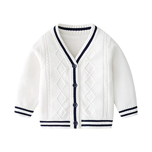 YOOJIA Kinder Strickjacke Jungen Pullover gestrickt V-Ausschnitt Sweatshirt Lange Ärmel Mode Top Cardigan Frühlingsjacke für 3 4 5 6 7 8 9 10 11 12 13 14 Jahre C Weiss 122-128 von YOOJIA