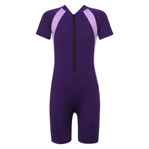 YOOJIA Kinder Unisex Badeanzug mit Bein Einteiler Schwimmanzug Badenmode Wettkampf Badebekleidung für Mädchen Jungen Purple B 128-140 von YOOJIA