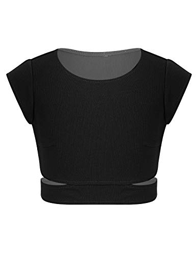 YOOJIA Mädchen Crop Top Kurzarm Shirt Sport Tanz Oberteil Bauchfrei T-Shirt Tank BH Tops Cutout Taille Ballett Top Workout BH Bustier Kurze Shirts für Kinder 5-14 Jahre A Schwarz 146-152 von YOOJIA