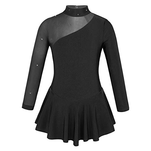 YOOJIA Mädchen Eiskunstlauf Kleid Kinder Rollschuhkleid Wettbewerb Eislaufkleid Mesh-Spleiß Gymnastik Trikot Kleid Gr. 104-152 Schwarz 140 von YOOJIA