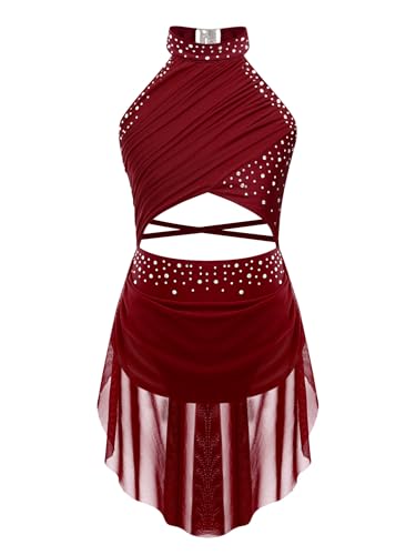 YOOJIA Mädchen Eiskunstlaufkleid Ärmellose Tanzkleid mit Strass Ballettkleid Ballett Kürkleider Trikotanzug Gymnastik Turnanzug Burgundy 146-152 von YOOJIA