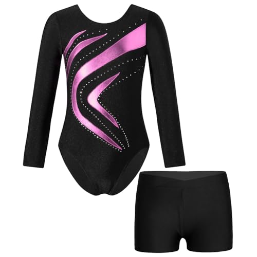 YOOJIA Mädchen Gymnastikanzug Glänzend Langarm Trikot Ballettbody mit Strass und Shorts Set Leotards für Tanz Workout Rosa 134-140 von YOOJIA