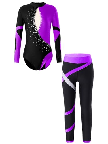 YOOJIA Mädchen Gymnastikanzug Glänzende Turnanzug Langarm Trikot Body mit Leggings Lange Hose Kinder Sport Ballett Kleidung Violett 134-140 von YOOJIA