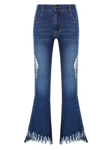 YOOJIA Mädchen Jeanshosen Kinder Jeans Schlaghose mit Elastischer Bund Bootcut Hosen Loch Denim Slim Fit Lang Hose Dunkelblau 122-128 von YOOJIA