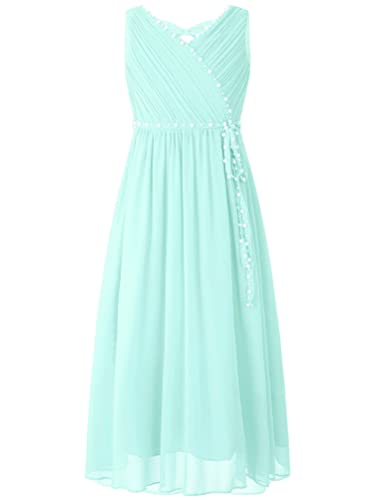 YOOJIA Mädchen Kleid Festlich Hochzeit Partykleid Mit Perlen Ballkleid Ärmellos Geburtstag Kleid Blumenmädchen Mintgrün 146-152 von YOOJIA