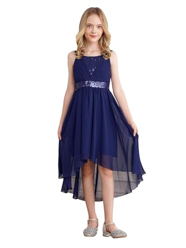 YOOJIA Mädchen Kleid Festlich Kinder Hochzeit Kleider mit Schleifen Blumenmädchenkleid Ärmellos Pailletten Prinzessin Kleid Chiffonkleid Navy blau 134-140 von YOOJIA