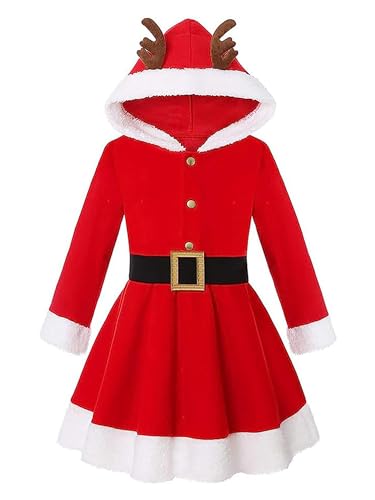 YOOJIA Mädchen Kleid Langarm Weihnachtskleid Prinzessin Kleid mit Mütze Weihnachtsmann Cosplay Kostüm Gr. 98-164 Rot 158-164 von YOOJIA