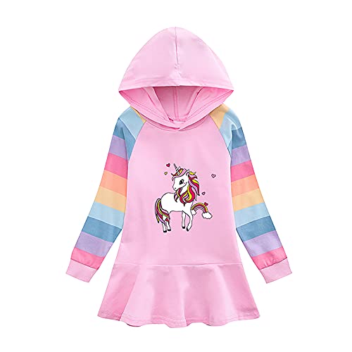 YOOJIA Mädchen Kleider Langarm Pulloverkleid Einhörner Druck Kleid Kinder Frühling Herbst Skaterkleid A-Linie Freizeit Kleid Baumwolle Kinderkleidung für 1-10 Jahre B Rosa 122-128 von YOOJIA