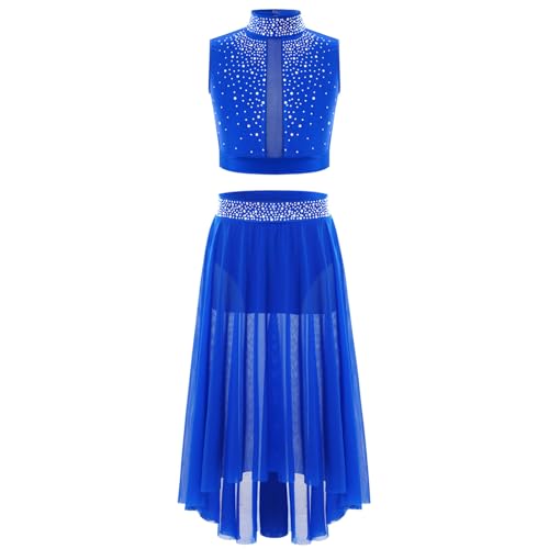 YOOJIA Mädchen Lyrisches Tanzkleid Tanzkleidung Set Zweiteiler Crop Top und Rock Glitzer Ballettkleid Modern Dance Contemporary Tanzkleidung Blau 170 von YOOJIA