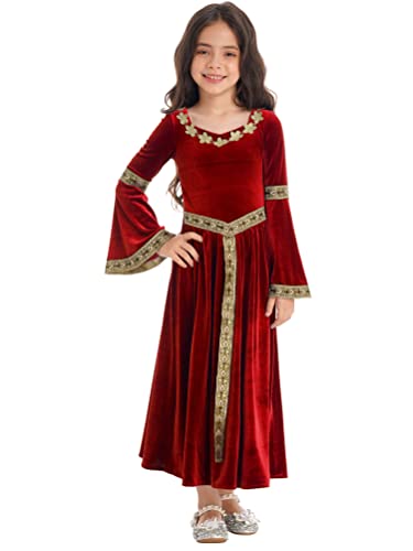 YOOJIA Mädchen Mittelalter Kleid Vintage Retro Kleid Rockabilly Festkleider Renaissance Kleid Partykleider Prinzessin Kleid Party Fastlich Fasching C Rot 122-128 von YOOJIA