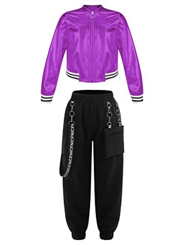 YOOJIA Mädchen Sportanzug Metallic Jacke Mantel und Cargohose Hose mit Ketten und Tasche Jogginghose Hip Hop Tanz Outfits Lila&Schwarz 146-152 von YOOJIA