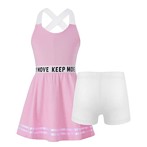 YOOJIA Mädchen Tanzkleid Ärmellos Sommerkleid Freizeitkleid Mit Unterhose Panties Sportanzug Tanzkleidung Sport Tennis Outfit Tanz Set Rosa 134-140 von YOOJIA